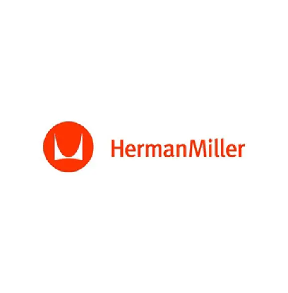 A red and white logo of herman miller