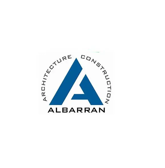 A blue and white logo of architecture construction albarran