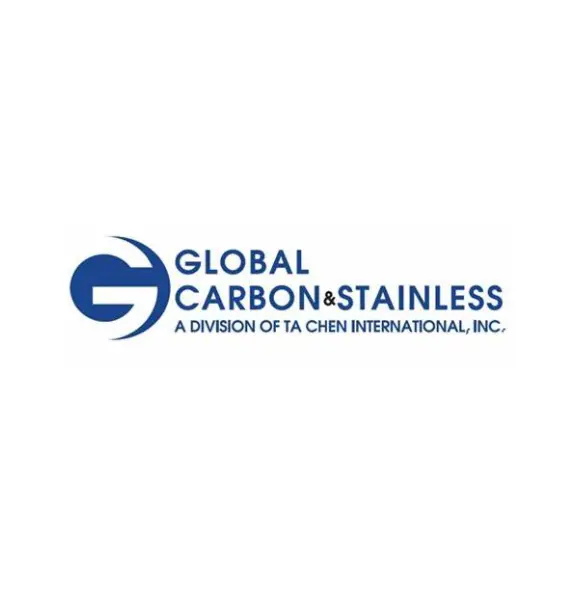 A blue and white logo of global carbon & stainless