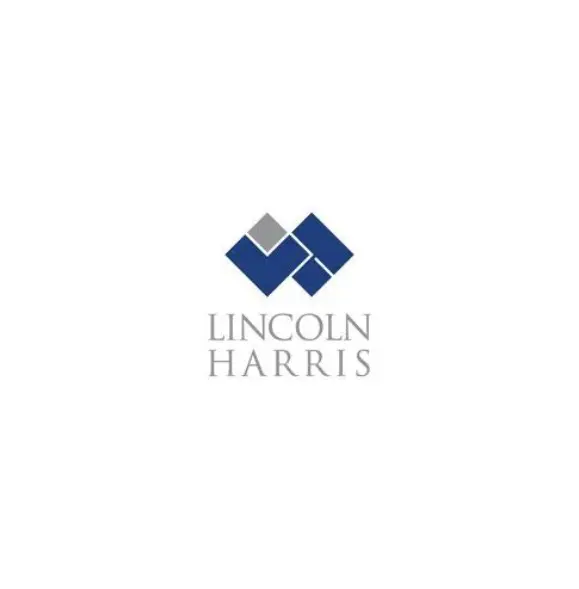 A blue and white logo of lincoln harris