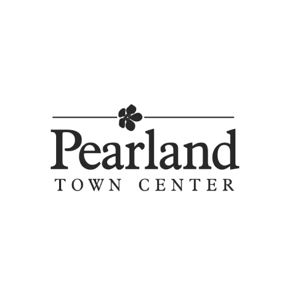 A black and white photo of the pearland town center logo.