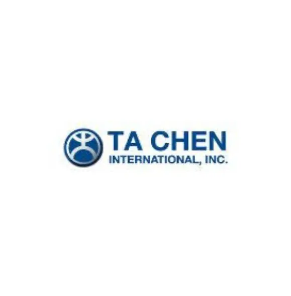 A blue and white logo of ta chen international