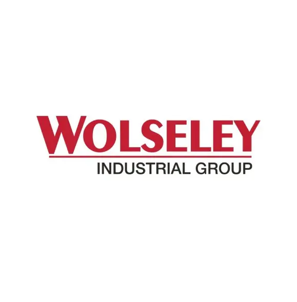 A red and white logo of wolseley industrial group